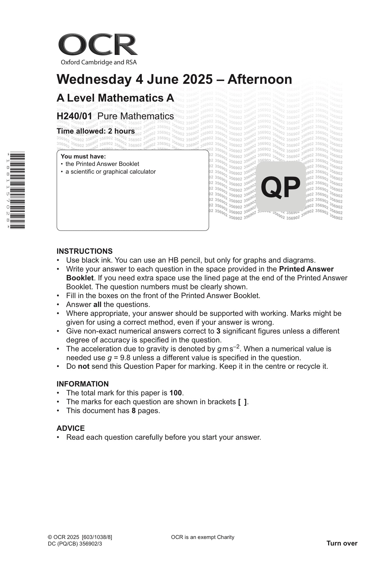 OCR A-Level Mathematics 2025 – Paper 1 (Pure Mathematics) + Mark Scheme