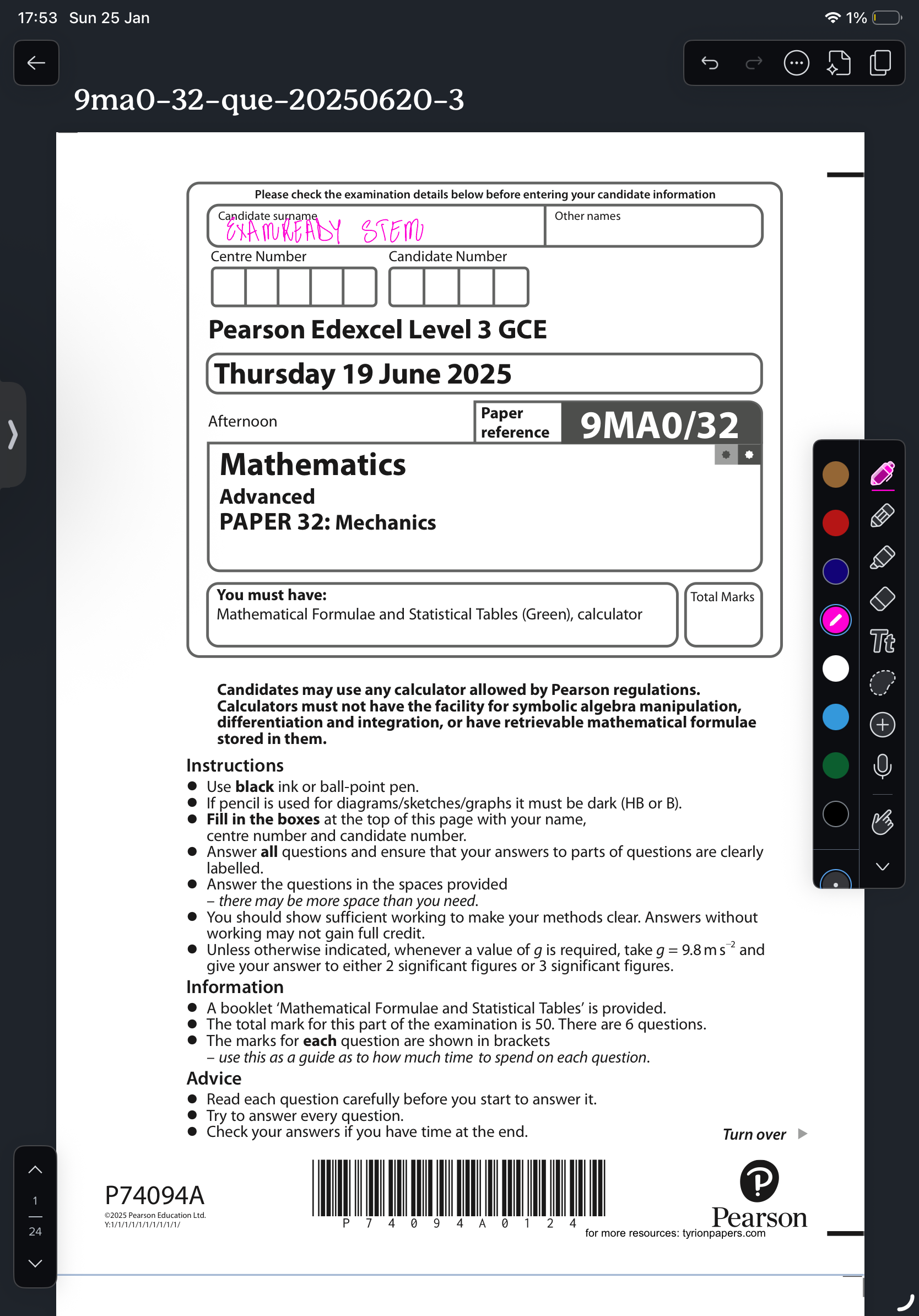 Edexcel A Level Mathematics Paper 3 Complete Mark Scheme & Fully Worked Solutions